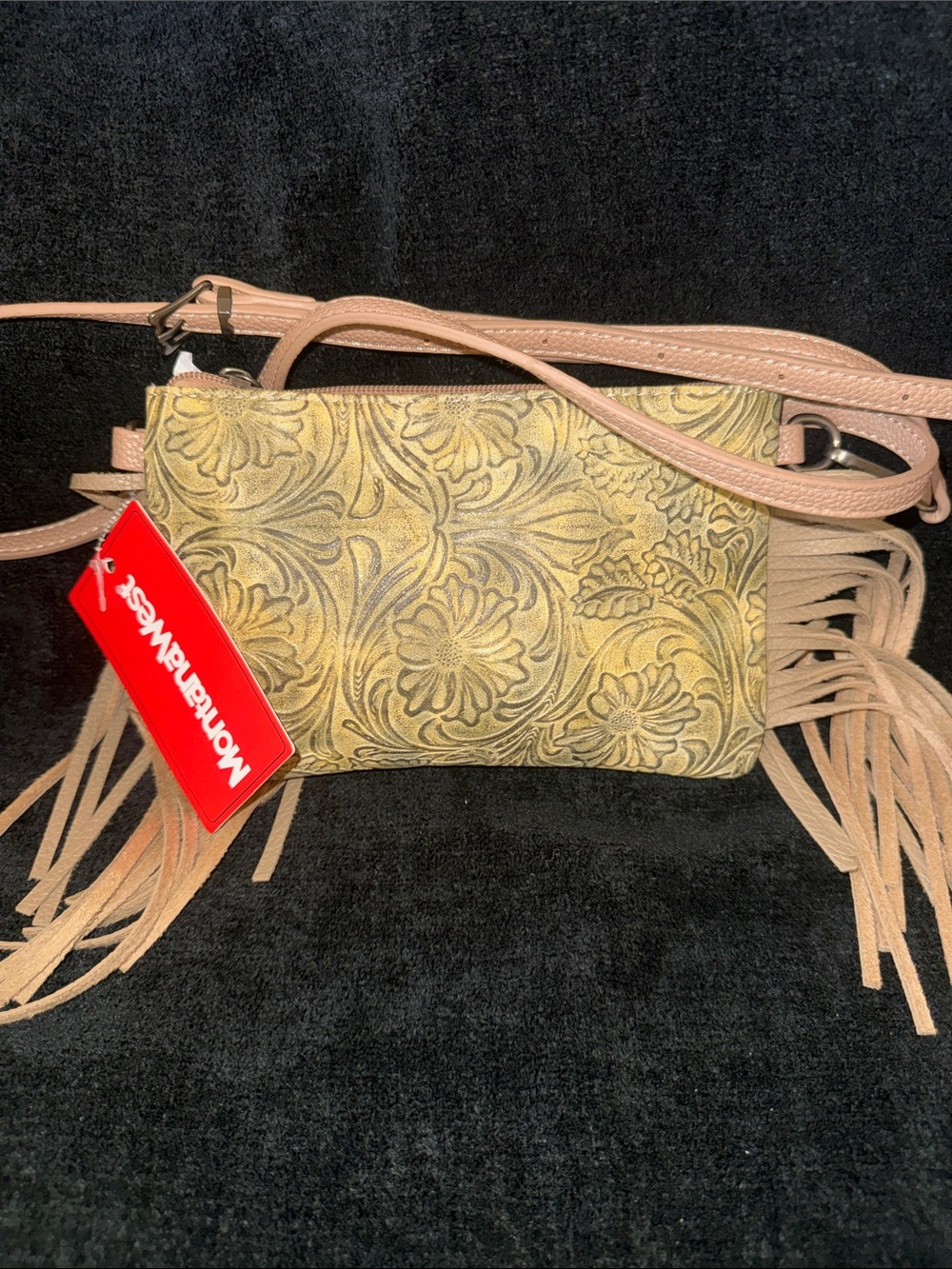 Montana West Embossed Floral Fringe Crossbody - Tan/Gold Accent
